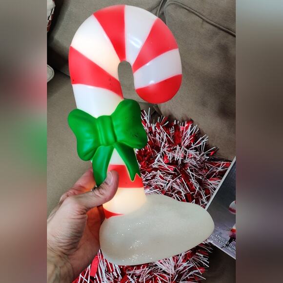 Peppermint Candy Cane Blow Mold Christmas Light Up‎ Battery Operated Green Bow - Picture 3 of 12